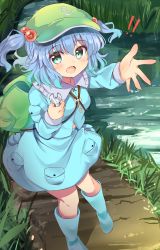 Rule 34 | 1girl, backpack, bag, blue eyes, blue footwear, blue hair, blue shirt, blue skirt, boots, flat cap, full body, grass, green bag, green hat, hair bobbles, hair ornament, hat, highres, holding, holding wrench, kawashiro nitori, key, long sleeves, looking at viewer, open mouth, outdoors, pocket, ramudia (lamyun), river, rubber boots, shirt, short hair, skirt, solo, standing, touhou, two side up, wrench