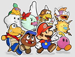 Rule 34 | 4girls, 5boys, :d, ;d, aviator cap, bandaid, bandaid on face, baseball cap, blue footwear, blue headwear, blue overalls, blush stickers, bombette, bow, bow (paper mario), brown footwear, brown hair, brown headwear, closed mouth, commentary request, envelope, closed eyes, facial hair, floating, flying, from side, gloves, gonzarez, goombario, grey background, hand fan, hat, highres, holding, holding envelope, holding fan, kooper, lakilester, lightning bolt symbol, long sleeves, male focus, mario, mario (series), multiple boys, multiple girls, mustache, nintendo, one eye closed, open mouth, outline, overalls, pacifier, paper mario, paper mario 64, parakarry, pointing, red bow, red headwear, red scarf, red shirt, scarf, shirt, shoes, short hair, simple background, smile, standing, sunglasses, sushie, twitter username, walking, watt, white gloves, white outline, wings