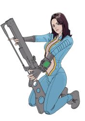 Rule 34 | 1girl, absurdres, black hair, blue bodysuit, bodysuit, breasts, cleavage, fallout (series), fallout 4, futoshi slim, green hair, grey footwear, highres, kneeling, looking at viewer, medium breasts, medium hair, navel, open clothes, pip boy, simple background, solo, white background