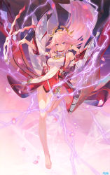 Rule 34 | 1girl, absurdres, animal ears, artist name, atdan, bare legs, bare shoulders, barefoot, breasts, closed mouth, detached sleeves, dress, earrings, electricity, feet, floating hair, floral print, full body, genshin impact, gohei, hair between eyes, hair ornament, highres, holding, jewelry, large breasts, long hair, looking at viewer, petals, pink hair, purple eyes, sideboob, sleeveless, sleeveless dress, smile, solo, yae miko