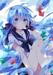 Rule 34 | 1girl, absurdres, animal, black bow, black sailor collar, black skirt, blue eyes, blue hair, blush, bottle miku, bow, closed mouth, commentary, feet out of frame, fish, goldfish, hair between eyes, hair bow, hand up, hatsune miku, highres, knees up, long hair, looking at viewer, sailor collar, school uniform, serafuku, shirt, short sleeves, sitting, skirt, smile, solo, striped, striped bow, twintails, very long hair, vocaloid, water, white background, white shirt, yuruno