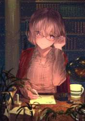 Rule 34 | 1girl, adjusting hair, alternate costume, bad id, bad pixiv id, black-framed eyewear, blush, book, bookshelf, breasts, buttons, chair, closed mouth, collarbone, collared shirt, commentary request, cup, desk lamp, eyes visible through hair, fate/grand order, fate (series), feathers, glasses, hair between eyes, hair over one eye, highres, holding, indoors, ink, ink bottle, lamp, large breasts, leaf, looking at viewer, mash kyrielight, minami leo, paper, pink hair, plant, purple eyes, quill, shirt, short hair, sitting, smile, solo, writing
