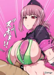 Rule 34 | 1boy, 1girl, bikini, blush, braid, breasts, fate/grand order, fate (series), florence nightingale (fate), florence nightingale (trick or treatment) (fate), gloves, green gloves, hat, hetero, highres, isemagu, large breasts, long hair, navel, official alternate costume, paizuri, paizuri under clothes, penis, pink hair, red eyes, revealing clothes, shrug (clothing), solo focus, stomach, swimsuit, twitter username, uncensored, upper body