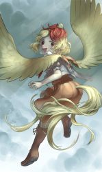 Rule 34 | 1girl, absurdres, animal, animal on head, bird, bird girl, bird on head, bird tail, bird wings, blonde hair, blush, boots, brown footwear, chick, commentary request, dress, flying, full body, hakonnbo, highres, looking at viewer, looking back, multicolored hair, niwatari kutaka, on head, open mouth, orange dress, puffy short sleeves, puffy sleeves, red eyes, red hair, shirt, short hair, short sleeves, smile, solo, tail, touhou, two-tone hair, white shirt, wings