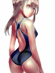 Rule 34 | 1girl, ass, bad id, bad pixiv id, bare shoulders, brown eyes, brown hair, competition swimsuit, dodai shouji, from behind, long hair, looking back, one-piece swimsuit, original, simple background, solo, swimsuit