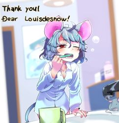 Rule 34 | 1girl, absurdres, alternate costume, animal ears, arm support, blurry, blurry background, blush, breasts, brushing teeth, cleavage, commentary, commission, cup, drooling, english commentary, grey hair, hair between eyes, hand up, highres, indoors, leaning forward, louisdesnow, medium breasts, mouse (animal), mouse ears, mouse tail, mouth drool, mug, nazrin, one eye closed, open mouth, pajamas, perspective, petite, red eyes, sink, solo, squeans, tail, teeth, touhou