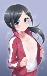 Rule 34 | 1girl, black hair, blue eyes, blush, copyright request, covered erect nipples, flat chest, highres, jacket, konboi-eg, looking at viewer, no bra, pants, parted lips, ponytail, red jacket, red pants, shirt, solo, standing, track jacket, wet, wet clothes, wet shirt, white shirt