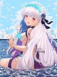Rule 34 | 1girl, back, bare shoulders, beach, blue fire, blue hair, blue sky, blush, body markings, bracelet, breasts, earrings, fate/grand order, fate (series), fire, flower, hair flower, hair ornament, hair ribbon, highres, jewelry, kama (fate), kama (swimsuit avenger) (fate), kama (swimsuit avenger) (third ascension) (fate), large breasts, long hair, looking at viewer, looking back, lotus, multicolored hair, nail polish, ocean, open mouth, oursong (kiam pis), red eyes, revealing clothes, ribbon, shore, silver hair, sky, solo, star (symbol), star earrings, thighs, two-tone hair, water