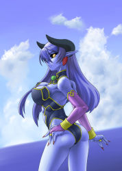 Rule 34 | 1girl, armpits, ass, astaroth (shinrabanshou), back, black leotard, black sclera, blue hair, blue skin, bracelet, breasts, bridal gauntlets, cleavage, closed mouth, clothing cutout, cloud, colored sclera, colored skin, cowboy shot, day, demon girl, demon horns, detached collar, earrings, elbow gloves, fingerless gloves, fingernails, from side, gloves, hair between eyes, hand on own hip, heart, heart earrings, highleg, highleg leotard, horns, jewelry, large breasts, legs apart, leotard, light smile, long fingernails, long hair, long pointy ears, looking at viewer, looking back, murazono, nail polish, navel cutout, no tail, no wings, ocean, one-piece swimsuit, outdoors, pointy ears, profile, red nails, ring, shinrabanshou, sideboob, sky, slit pupils, smile, solo, standing, strapless, strapless leotard, swimsuit, turtleneck, water, yellow eyes