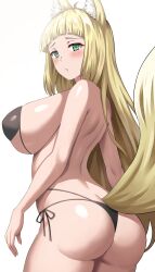 Rule 34 | 1girl, absurdres, animal ear fluff, animal ears, arms at sides, ass, back, bare arms, bikini, black bikini, blonde hair, blunt bangs, blush, breasts, commentary request, dungeon ni deai wo motomeru no wa machigatteiru darou ka, fox ears, fox tail, green eyes, highres, jasony, large breasts, long hair, looking at viewer, looking to the side, paid reward available, parted lips, sanjouno haruhime, shoulder blades, sideboob, simple background, standing, swimsuit, tail, white background
