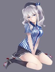 Rule 34 | 10s, 1girl, bad id, bad pixiv id, beret, blue eyes, commentary request, employee uniform, grey background, hat, highres, kantai collection, kashima (kancolle), lawson, long hair, looking at viewer, pleated skirt, pokimari, shirt, sidelocks, silver hair, simple background, sitting, skirt, smile, solo, striped, tsurime, twintails, uniform, v arms, wariza, wavy hair