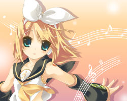 Rule 34 | 1girl, amanooni touri, arm warmers, armpits, bass clef, blonde hair, blouse, blue eyes, bow, clothes lift, eyebrows, gradient background, hair bow, hair ornament, hairclip, headphones, kagamine rin, looking at viewer, musical note, outstretched arm, quaver, ribbon, sailor collar, sheet music, shirt, shirt lift, short hair, sleeveless, solo, staff (music), swept bangs, tattoo, treble clef, upper body, vocaloid, white bow, white shirt, yellow ribbon