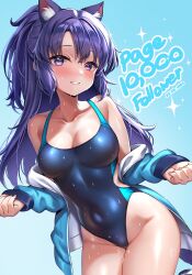 Rule 34 | 1girl, animal ears, blush, breasts, cat ears, cleavage, competition swimsuit, highres, large breasts, long hair, long sleeves, midriff, one-piece swimsuit, original, piano-alice, purple eyes, purple hair, smile, swimsuit, swimsuit under clothes