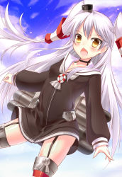 Rule 34 | 10s, 1girl, amatsukaze (kancolle), blush, chestnut mouth, choker, dress, fang, garter straps, highres, kantai collection, long hair, open mouth, personification, red thighhighs, sailor dress, school uniform, serafuku, short dress, silver hair, solo, thighhighs, two side up, ut pictura poesis, yellow eyes, zettai ryouiki