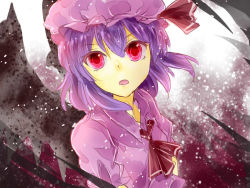 Rule 34 | 1girl, bad id, bad pixiv id, dress, hat, itsumizu, light particles, looking at viewer, purple dress, purple hair, red eyes, remilia scarlet, simple background, solo, touhou, wings