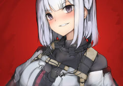 Rule 34 | 1girl, blush, ekuesu, girls&#039; frontline, grin, looking at viewer, purple eyes, red background, rpk-16 (girls&#039; frontline), short hair, silver hair, smile, solo, tactical clothes