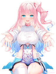 Rule 34 | 1girl, absurdres, bare shoulders, blue eyes, blue hair, blue skirt, blue socks, blunt bangs, blush, breasts, commission, cutout above navel, detached sleeves, gradient hair, hair ornament, highres, itsuki jun, large breasts, long hair, long sleeves, looking at viewer, miniskirt, multicolored hair, one side up, open mouth, outstretched arms, outstretched hand, pink hair, propro production, ribbed sweater, sidelocks, simple background, sitting, skeb commission, skirt, smile, socks, solo, spread fingers, sweater, twitter username, two-tone hair, very long hair, virtual youtuber, wariza, white background, white sweater, yumesaki mia