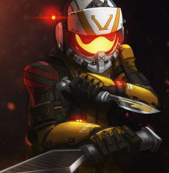 Rule 34 | 1boy, artist name, commentary, dual wielding, english commentary, gloves, helmet, holding, holding knife, holding weapon, jeff.d.m, knife, kukri, looking ahead, male focus, pilot suit, solo, titanfall (series), titanfall 2, viper (titanfall 2), visor, weapon, yellow gloves