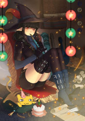 Rule 34 | 1girl, black hair, black thighhighs, boots, cake, cat, elf, feathers, flute, food, gloves, hat, holding, instrument, mabinogi, peirasuo, pointy ears, red eyes, scroll, sitting, solo, star (symbol), thighhighs, witch hat, yvona