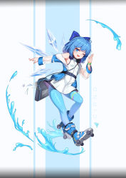 Rule 34 | 1girl, ;d, ahoge, alternate costume, bag, bare shoulders, blue bow, blue eyes, blue hair, blue jacket, bow, breasts, caliper, character name, cirno, commentary, detached wings, dress, english commentary, eraser, fang, full body, hair bow, headphones, headphones around neck, highres, hydrokinesis, ice, ice wings, inline skates, jacket, leggings, long sleeves, looking at viewer, mo ying yu, off shoulder, one eye closed, open clothes, open jacket, open mouth, outstretched arm, pantyhose, paper, roller skates, see-through, set square, short hair, shoulder bag, skates, small breasts, smile, solo, sweatband, touhou, two-tone background, unzipped, water, white dress, wings, zipper, zipper pull tab