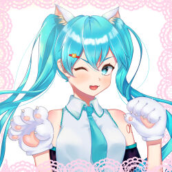 Rule 34 | 1girl, animal ears, animal hands, ase4an1, blue eyes, blue hair, blue necktie, blush, cat ears, cat paws, hair ornament, hatsune miku, highres, long hair, looking at viewer, necktie, open mouth, simple background, smile, solo, twintails, vocaloid