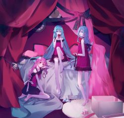 Rule 34 | 3girls, apple, aqua hair, bare legs, bare shoulders, barefoot, black ribbon, blue hair, box, camisole, choker, clock, curtains, food, frilled camisole, frills, fruit, gift, gift box, glass slipper, hair ribbon, hatsune miku, highres, hinomori shizuku, holding, holding food, holding fruit, kneeling, lace-trimmed camisole, lace trim, light blue hair, long hair, looking at viewer, looking back, momoi airi, multiple girls, musubime (nebbia0131), on bed, pillow, pink camisole, pink hair, pink theme, project sekai, red apple, ribbon, roman numeral, romeo to cinderella (vocaloid), sitting, standing, very long hair, vocaloid