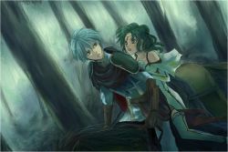 Rule 34 | 1boy, 1girl, aqua eyes, aqua hair, armor, belt, boots, cape, circlet, couple, dress, dutch angle, elbow gloves, ephraim (fire emblem), fire emblem, fire emblem: the sacred stones, forest, gloves, green eyes, green hair, holding, horse, l&#039;arachel (fire emblem), looking back, nature, nintendo, open mouth, pants, ponytail, prince, princess, riding, short hair, shy, thigh boots, thighhighs, tree, worried