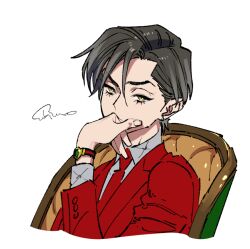 Rule 34 | 1boy, chris redgrave, collared shirt, covering own mouth, ear piercing, from side, green eyes, grey hair, hand over own mouth, high card, jacket, light frown, looking at viewer, male focus, mojisan (ebimo), necktie, parted bangs, piercing, red jacket, red necktie, shirt, short hair, signature, simple background, solo, watch, white shirt, wristwatch