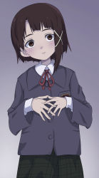 Rule 34 | 1girl, asymmetrical hair, blush, brown eyes, brown hair, closed mouth, fingers together, hair ornament, hairclip, highres, iwakura lain, looking at viewer, maromayu (upmz2428), school uniform, serial experiments lain, short hair, simple background, skirt, solo, x hair ornament