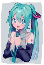 Rule 34 | 1girl, alternate hair ornament, aqua eyes, aqua hair, aqua necktie, bare shoulders, black ribbon, blush stickers, border, clenched hands, collared shirt, cropped torso, detached sleeves, dot nose, flat chest, grey background, grey shirt, hair between eyes, hair ribbon, hair strand, happy, hatsune miku, holding, holding own hair, light blush, long hair, looking at viewer, necktie, number tattoo, open mouth, own hands together, pink ribbon, ribbon, shiny skin, shirt, shoulder tattoo, sidelocks, simple background, sleeveless, sleeveless shirt, smile, solo, straight hair, tareme, tattoo, twintails, two-tone ribbon, upper body, uso (ameuzaki), very long hair, vocaloid, white border, wide sleeves