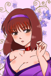 Rule 34 | 00s, 1girl, bare shoulders, breasts, brown eyes, brown hair, choker, cleavage, collarbone, floral background, hairband, hand up, japanese clothes, kanzaki sumire, kimono, looking at viewer, matching hair/eyes, mole, mole under eye, off shoulder, pink background, ribbon, ribbon choker, rio (mintboo), sakura taisen, short hair, solo, violet (flower), whorled vine