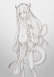 Rule 34 | 1girl, bare arms, bare shoulders, breasts, commentary request, criss-cross halter, dragon girl, dragon horns, dragon tail, feet out of frame, gradient background, grey background, greyscale, hair between eyes, halterneck, highleg, highleg panties, horns, ibuki notsu, long hair, looking at viewer, low-tied long hair, melusine (ibuki notsu), monochrome, navel, original, panties, pelvic curtain, sidelocks, small breasts, solo, standing, stomach, tail, thighhighs, underwear, very long hair