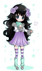 Rule 34 | 1girl, animated, animated gif, black hair, blinking, blush, bug, butterfly, chikkuru, curly hair, dress, female focus, flower, gaia online, insect, leg warmers, long hair, original, patterned legwear, purple dress, purple thighhighs, rose, solo, striped clothes, striped thighhighs, sybella hyobanshi, thighhighs