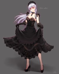 Rule 34 | 1girl, alternate color, apron, azur lane, belfast (azur lane), black apron, black dress, black footwear, black gloves, blue eyes, blush, braid, breasts, chain, character name, cleavage, closed mouth, collar, collarbone, dress, french braid, frilled gloves, frills, full body, gloves, grey background, half-closed eyes, high heels, highres, large breasts, long hair, looking at viewer, maid, maid headdress, see-through, sidelocks, signature, silver hair, simple background, skirt hold, smile, smirk, solo, strapless, strapless dress, ten cws
