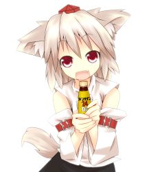 Rule 34 | 1girl, animal ears, bottle, brand name imitation, detached sleeves, fang, female focus, inubashiri momiji, kunsei hamu, no nose, open mouth, red eyes, silver hair, simple background, smile, solo, tail, touhou, wolf ears, wolf tail
