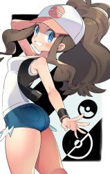 Rule 34 | 1girl, arm up, armpits, ass, bare shoulders, baseball cap, black vest, blue eyes, blush, breasts, brown hair, commentary, cowboy shot, creatures (company), denim, denim shorts, exposed pocket, from side, game freak, grin, hat, high ponytail, hilda (pokemon), iroyopon, long hair, looking at viewer, multicolored clothes, multicolored hat, nintendo, outstretched arm, poke ball symbol, pokemon, pokemon bw, shirt, short shorts, shorts, sidelocks, small breasts, smile, solo, tank top, thick thighs, thighs, vest, white shirt, wristband