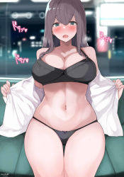Rule 34 | 1girl, black bra, black panties, blurry, blurry background, blush, bra, breasts, brown hair, city, cleavage, collarbone, commentary request, exhibitionism, green eyes, hair between eyes, highres, large breasts, long hair, looking at viewer, navel, office lady, open clothes, open mouth, open shirt, original, panties, public indecency, shirt, sidelocks, sitting, solo, thighs, train, train interior, udder, underwear, undressing, white shirt, yuzuki himuka