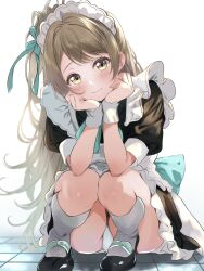 Rule 34 | 1girl, alternate costume, apron, black dress, borgbutler, bow, brown hair, dress, enmaided, hair bow, hair ornament, hands on another&#039;s face, highres, light brown hair, long hair, love live!, love live! school idol project, maid, maid apron, maid headdress, minami kotori, panties, pantyshot, short sleeves, simple background, solo, squatting, underwear, white background, white panties, yellow eyes