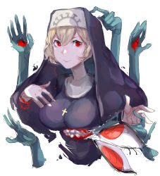 Rule 34 | 1girl, absurdres, blonde hair, breasts, cross, cross necklace, double (skullgirls), extra arms, extra eyes, extra mouth, habit, highres, ixjackiexx, jewelry, large breasts, monster girl, necklace, nun, red eyes, rosary, skullgirls, smile, solo, symbol-shaped pupils, white background