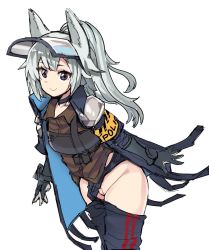 Rule 34 | 1girl, animal ears, arknights, armor, arms at sides, black choker, blue coat, blue pants, brown shirt, choker, cleft of venus, closed mouth, coat, elbow gloves, female focus, gloves, grani (arknights), hair between eyes, hip vent, horse ears, horse girl, justeeeeth, leaning forward, long hair, looking at viewer, pants, pauldrons, ponytail, purple eyes, pussy, shirt, shoulder armor, silver hair, simple background, smile, solo, thick eyebrows, uncensored, visor (armor), visor lift, white background