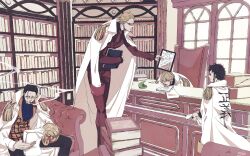 Rule 34 | 4boys, absurdres, ascot, black hair, blonde hair, blue ascot, book, bookshelf, brothers, cigar, coat, coat on shoulders, crocodile (one piece), donquixote doflamingo, donquixote rocinante, earrings, english text, epaulettes, formal, hand tattoo, highres, holding, holding paper, hook hand, indoors, jewelry, male focus, multiple boys, necktie, one piece, paper, red necktie, red suit, short hair, siblings, sitting, sk c ii, smoking, standing, suit, sunglasses, tattoo, trafalgar law, white coat