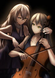 Rule 34 | 2girls, blue dress, breasts, brown eyes, brown hair, cello, closed mouth, collarbone, dress, girls&#039; frontline, grey hair, grey scarf, highres, holding, holding instrument, instrument, lodbyy, long hair, looking at another, multiple girls, purple dress, scar, scar across eye, scar on face, scarf, side ponytail, simple background, smile, ump40 (girls&#039; frontline), ump45 (girls&#039; frontline), yellow eyes