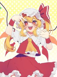 Rule 34 | + +, 1girl, :d, absurdres, ascot, blonde hair, double v, flandre scarlet, hat, highres, looking at viewer, mob cap, open mouth, outer glow, patterned background, polka dot, red eyes, sakikagami, skirt, smile, solo, touhou, v, wings