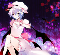 1girl bat_wings blue_hair female_focus hat kurohara_yuu crossed_legs pink_eyes remilia_scarlet short_hair sitting skirt solo touhou wings