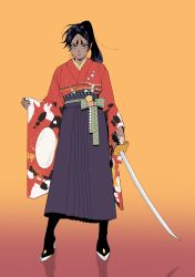 Rule 34 | 1girl, 48hrsinaday, absurdres, arm at side, character request, closed mouth, dark-skinned female, dark skin, full body, genderswap, genderswap (mtf), golden kamuy, gradient background, hand up, high heels, highres, holding, holding sword, holding weapon, japanese clothes, kimono, koito otonoshin, long hair, ponytail, sash, shadow, simple background, solo, standing, sword, weapon, yellow background, yukata