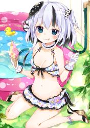 Rule 34 | 1girl, :q, alternate costume, bare legs, bare shoulders, bikini, black hair, blue eyes, breasts, cleavage, commentary request, eyebrows, food, food on face, frilled bikini, frills, gloves, gradient hair, hair ornament, hair ribbon, highres, ice cream, looking at viewer, multicolored hair, navel, original, polka-chan, polka dot, polka dot bikini, purple hair, ribbon, rubber duck, sandals, short hair, sitting, small breasts, solo, swimsuit, toma tokage, tongue, tongue out, wading pool, wariza, water, white gloves