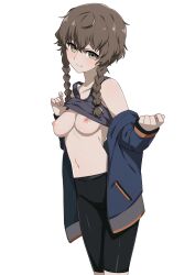 Rule 34 | 1girl, absurdres, amane suzuha, bike shorts, braid, breasts, brown hair, clothes lift, commentary request, green eyes, head out of frame, highres, jacket, medium breasts, morisobo, navel, nipples, off shoulder, shirt lift, simple background, smile, solo, steins;gate, tank top, track jacket, twin braids, white background