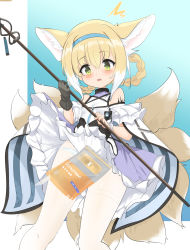 Rule 34 | 1girl, ^^^, animal ear fluff, animal ears, arknights, artistic error, bare shoulders, black gloves, blonde hair, blue hairband, blush, commentary request, convenient censoring, fox ears, fox girl, fox tail, frilled skirt, frills, gloves, green eyes, hair between eyes, hairband, highres, holding, kitsune, kyuubi, material growth, momio, multiple tails, open mouth, oripathy lesion (arknights), panties, pantyhose, purple skirt, shirt, single glove, skirt, solo, suzuran (arknights), tail, teeth, thighband pantyhose, underwear, upper teeth only, white panties, white pantyhose, white shirt
