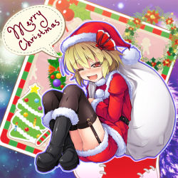 Rule 34 | 1girl, ;d, alternate costume, ass, belt, black belt, black footwear, black thighhighs, blonde hair, blush, boots, candle, chima q, christmas, christmas tree, commentary request, crossed legs, fang, full body, fur-trimmed boots, fur trim, garter straps, gift bag, hair between eyes, hair ribbon, hat, highres, holding, holding sack, holly, jacket, knees up, long sleeves, merry christmas, miniskirt, nose blush, one eye closed, open mouth, outline, panties, panty peek, pom pom (clothes), purple outline, red eyes, red hat, red jacket, red ribbon, red skirt, ribbon, rumia, sack, santa costume, santa hat, shiny clothes, short hair, skirt, smile, solo, speech bubble, star (symbol), studded belt, thighhighs, thighs, touhou, underwear, white outline, wreath