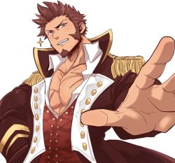 Rule 34 | 1boy, 1hao (@cerbero64), bara, blue eyes, brown hair, cross scar, epaulettes, facial hair, fate/grand order, fate (series), fringe trim, goatee, head tilt, jacket, large pectorals, leather, leather jacket, long sideburns, long sleeves, looking at viewer, male focus, mature male, military, military uniform, muscular, muscular male, napoleon bonaparte (fate), open clothes, open jacket, partially unbuttoned, pectoral cleavage, pectorals, scar, scar on chest, short hair, sideburns, solo, sparkle, uniform, upper body